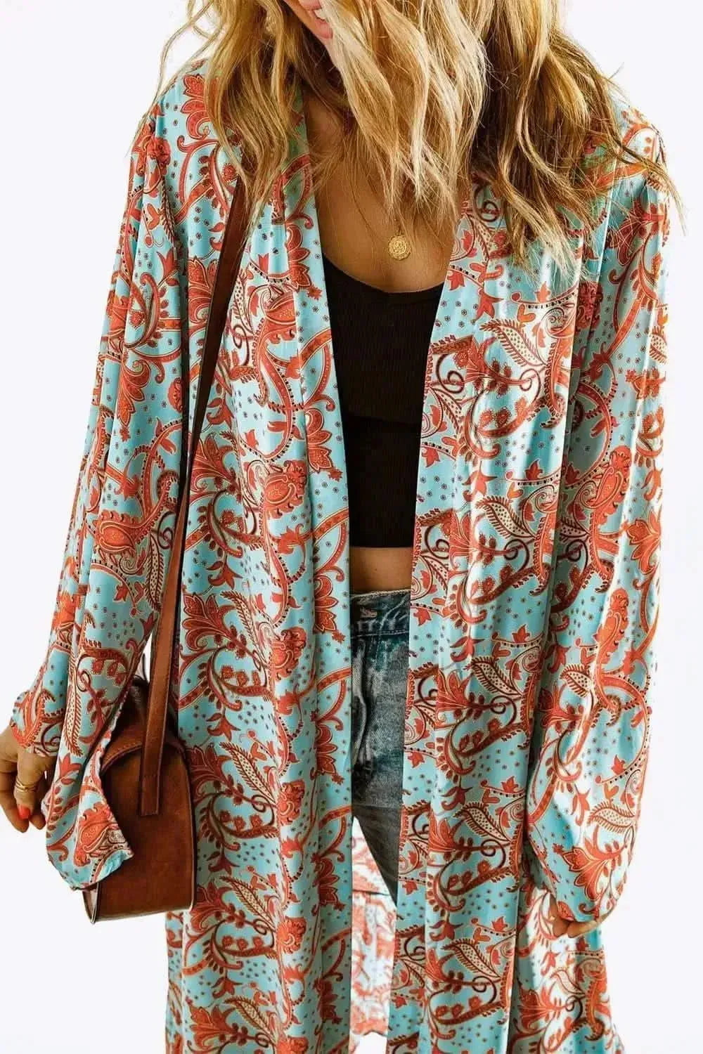 Printed Open Front Duster Cardigan - Bad Moms Club