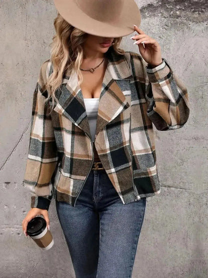 Plaid Collared Neck Long Sleeve Jacket - Bad Moms Club