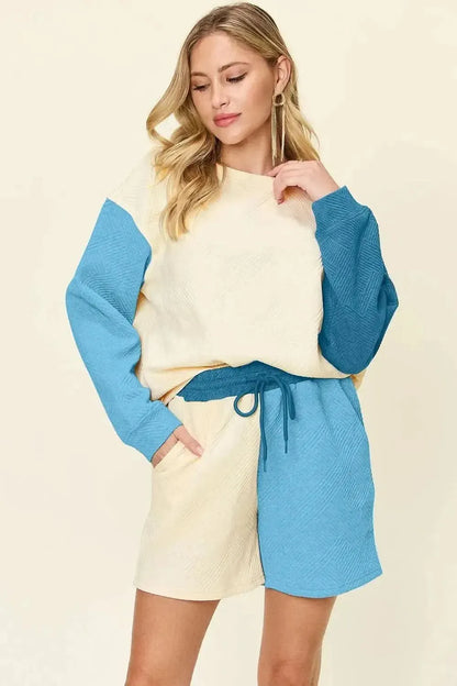 Double Take Full Size Contrast Drop Shoulder Top and Shorts Set - Bad Moms Club