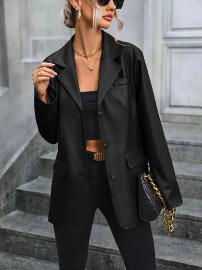 Pocketed Button Up Collared Neck Blazer - Bad Moms Club
