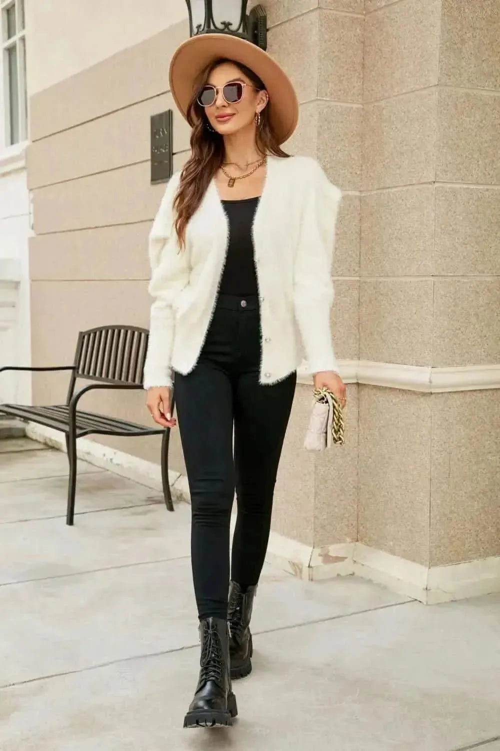 Woven Right Puff Sleeve V-Neck Fuzzy Cardigan - Bad Moms Club