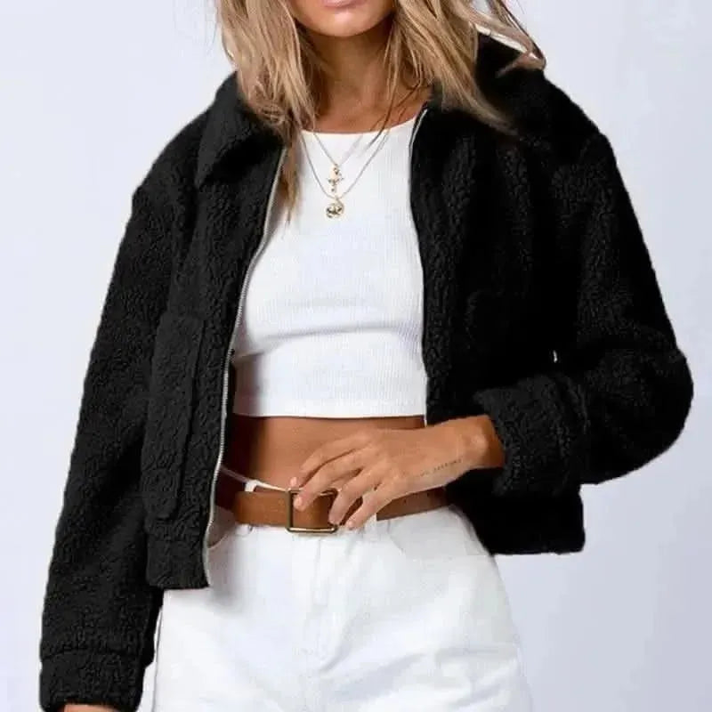 Long Sleeve Collared Neck Sherpa Jacket - Bad Moms Club