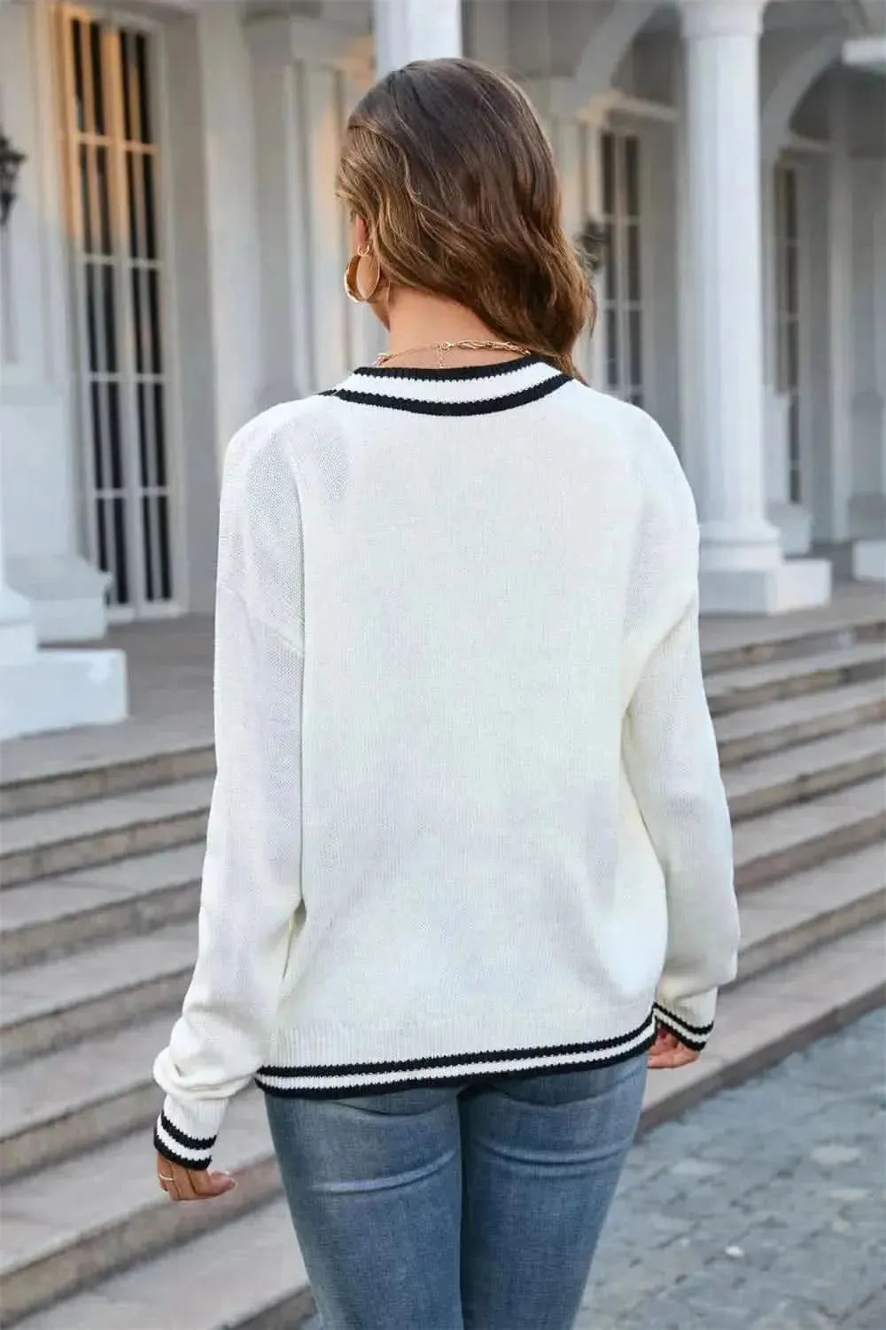 Buttoned V-Neck Long Sleeve Cardigan - Bad Moms Club