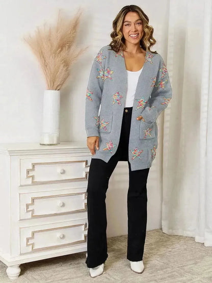 Star Pattern Open Front Cardigan with Pockets - Bad Moms Club