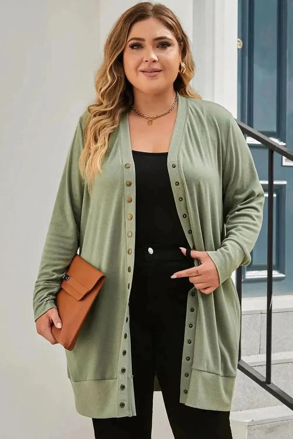 Snap Up V-Neck Long Sleeve Cardigan with Pockets - Bad Moms Club