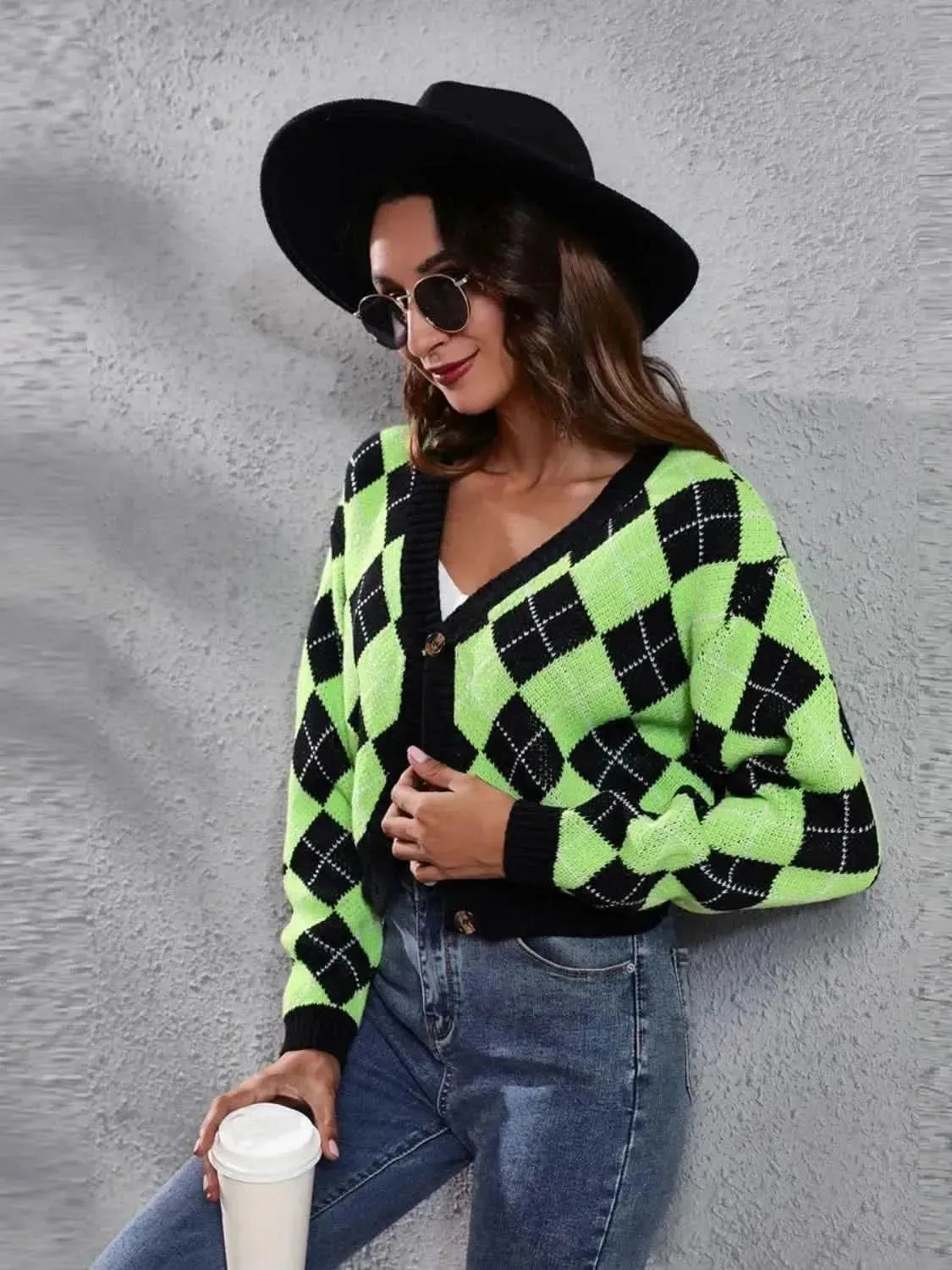 Geometric Button Up Long Sleeve Cardigan - Bad Moms Club