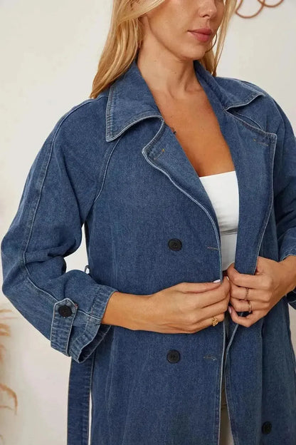 MeiMei Double-Breasted Belted Longline Denim Jacket - Bad Moms Club