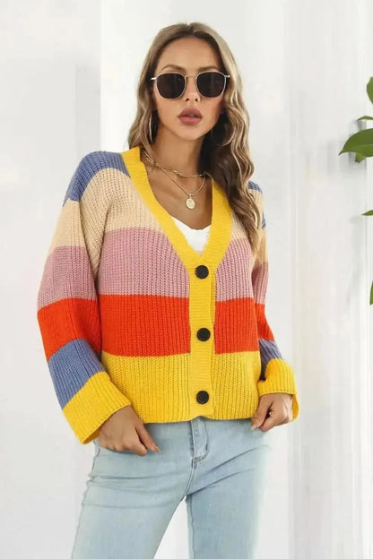 Color Block Button-Down Dropped Shoulder Cardigan - Bad Moms Club