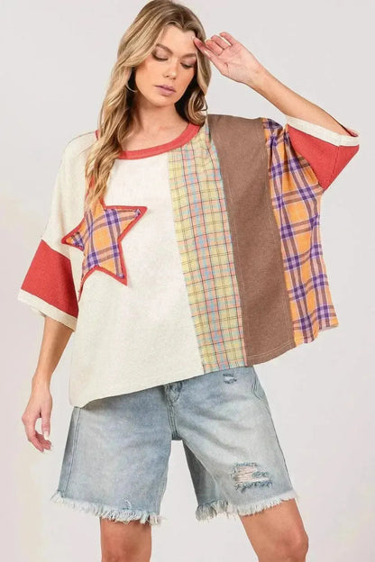 SAGE + FIG Round Neck Plaid Star Patch T-Shirt - Bad Moms Club