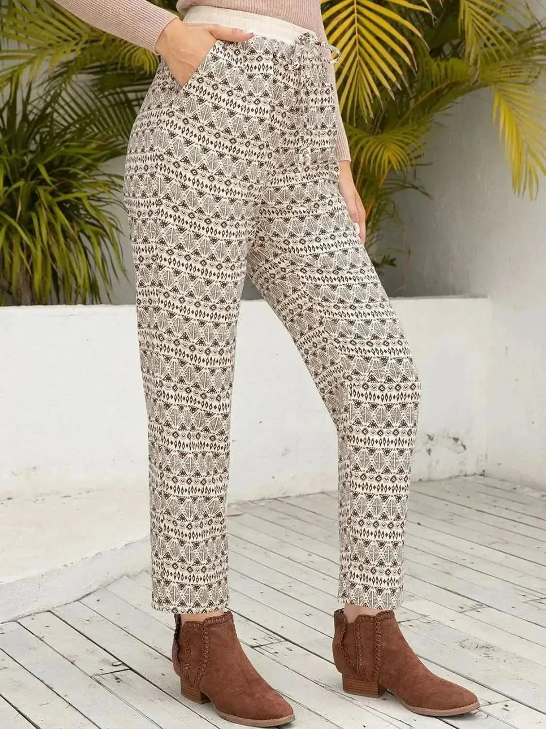 Ivy Lane Tied Printed Pants with Pockets - Bad Moms Club