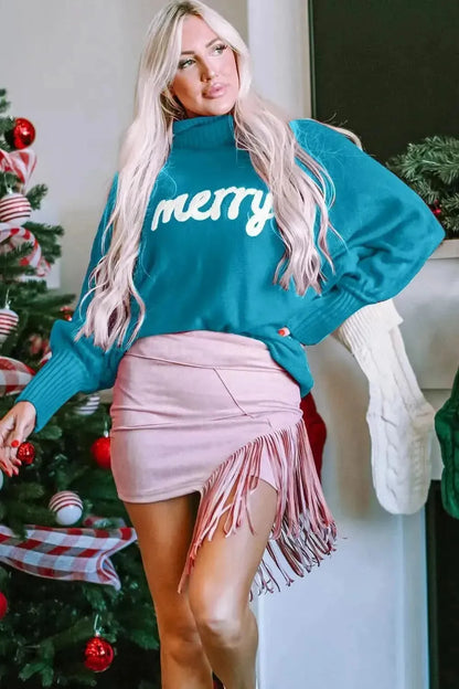 Double Take Full Size Merry Christmas Turtleneck Long Sleeve Sweater - Bad Moms Club