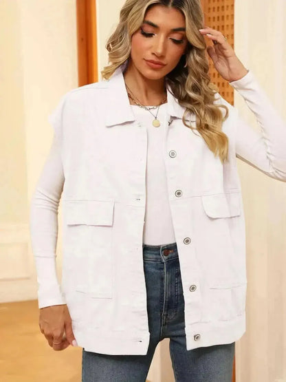 Pocketed Button Up Sleeveless Denim Jacket - Bad Moms Club