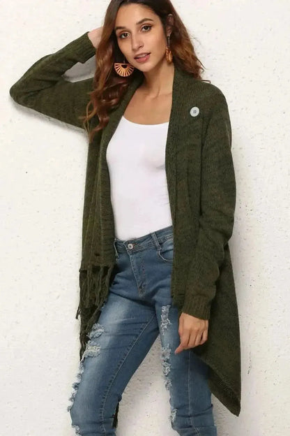 One-Button Tassel Tie Asymmetrical Hem Cardigan - Bad Moms Club
