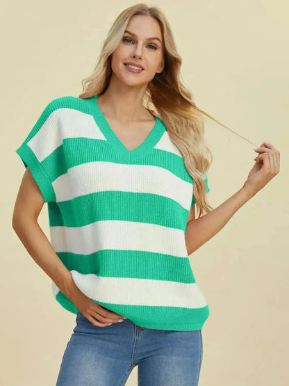 Double Take Full Size Striped V-Neck Short Sleeve Sweater - Bad Moms Club