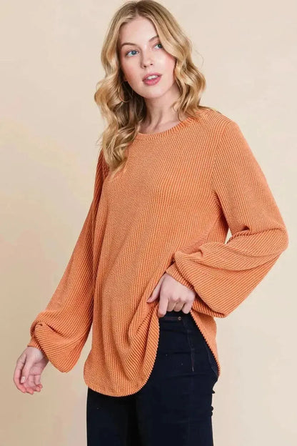 BOMBOM Long Sleeve Curved Hem Ribbed T-Shirt - Bad Moms Club