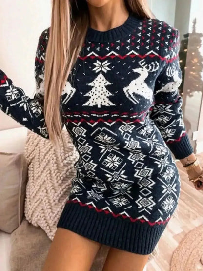 Reindeer & Snowflake Round Neck Sweater Dress - Bad Moms Club