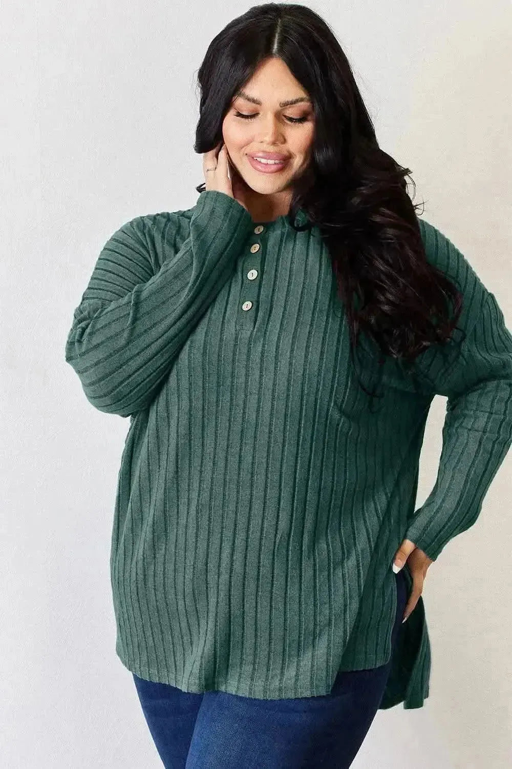 Basic Bae Full Size Ribbed Half Button Long Sleeve High-Low T-Shirt - Bad Moms Club