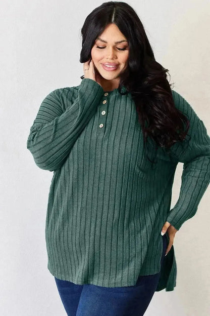 Basic Bae Full Size Ribbed Half Button Long Sleeve High-Low T-Shirt - Bad Moms Club
