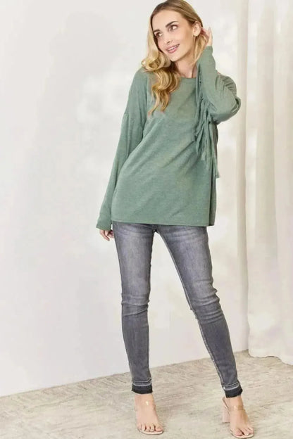 Celeste Full Size Fringe Detail Long Sleeve Top - Bad Moms Club