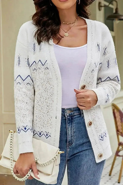 Printed V-Neck Buttoned Cardigan - Bad Moms Club