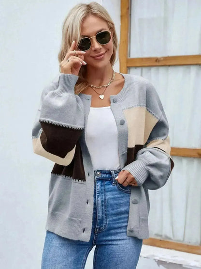 Color Block Button Up Lantern Sleeve Cardigan - Bad Moms Club