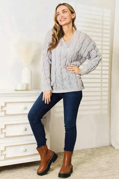 Woven Right Cable-Knit Hooded Sweater - Bad Moms Club