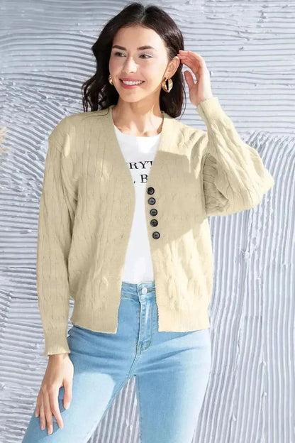 Cable-Knit Button Up Dropped Shoulder Cardigan - Bad Moms Club