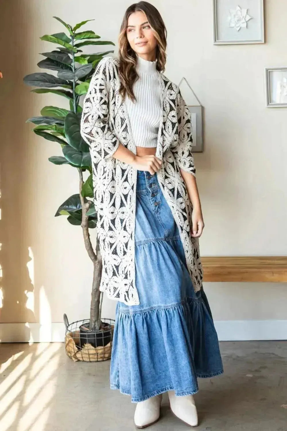Veveret Geometric Open Front Three-Quarter Sleeve Cardigan - Bad Moms Club