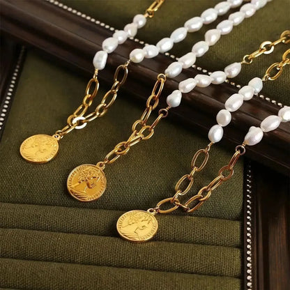 Coin pendant Pearl Titanium Steel Necklace - Bad Moms Club