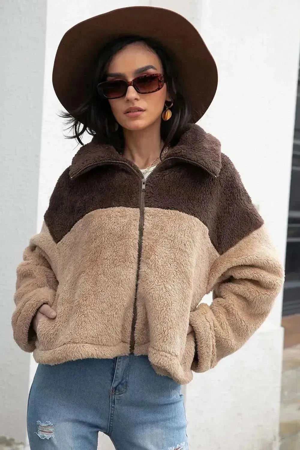 Two-Tone Collared Neck Fuzzy Jacket - Bad Moms Club