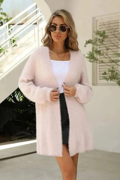 Herringbone Pattern Open Front Longline Fuzzy Cardigan - Bad Moms Club