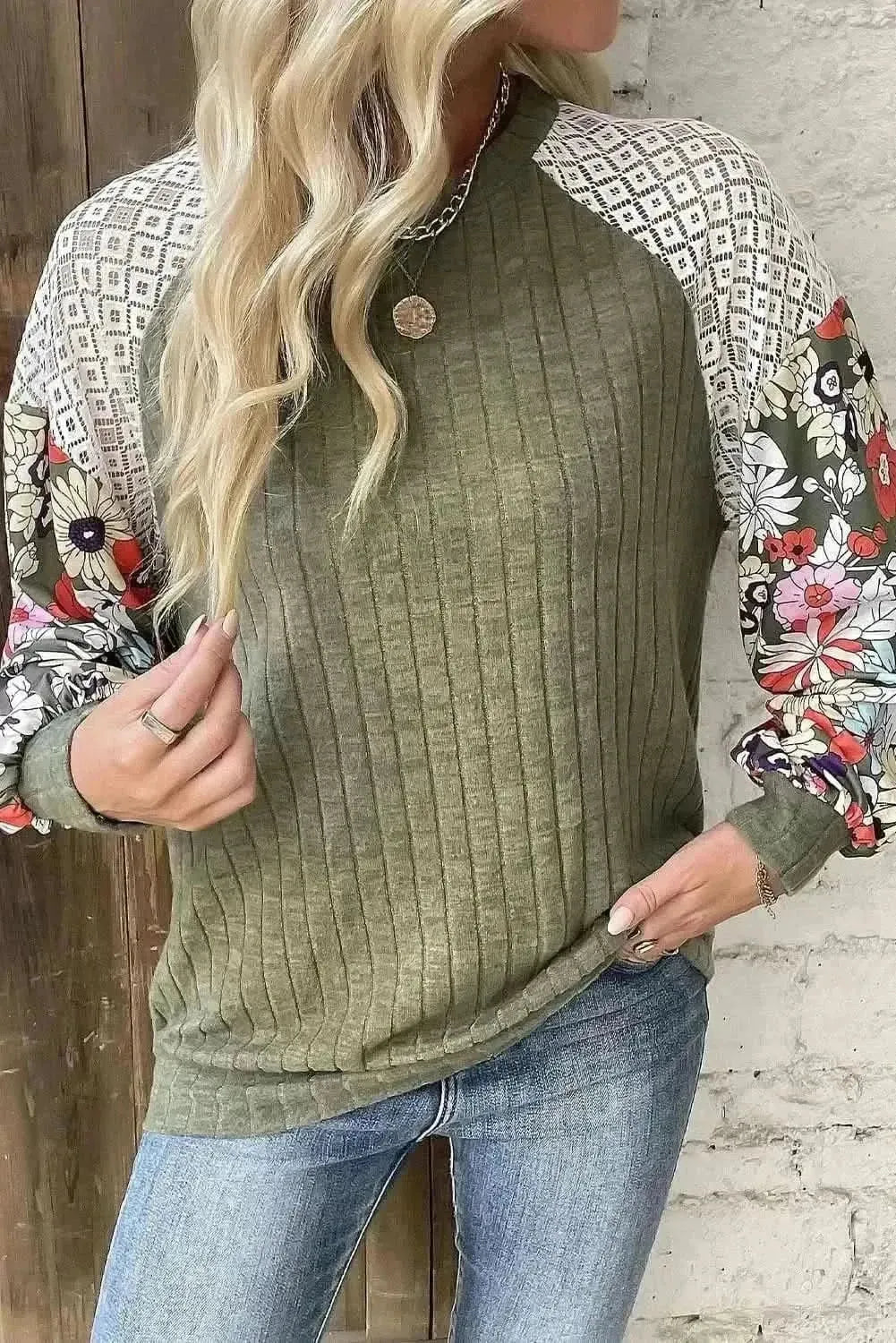 Printed Round Neck Long Sleeve Top - Bad Moms Club