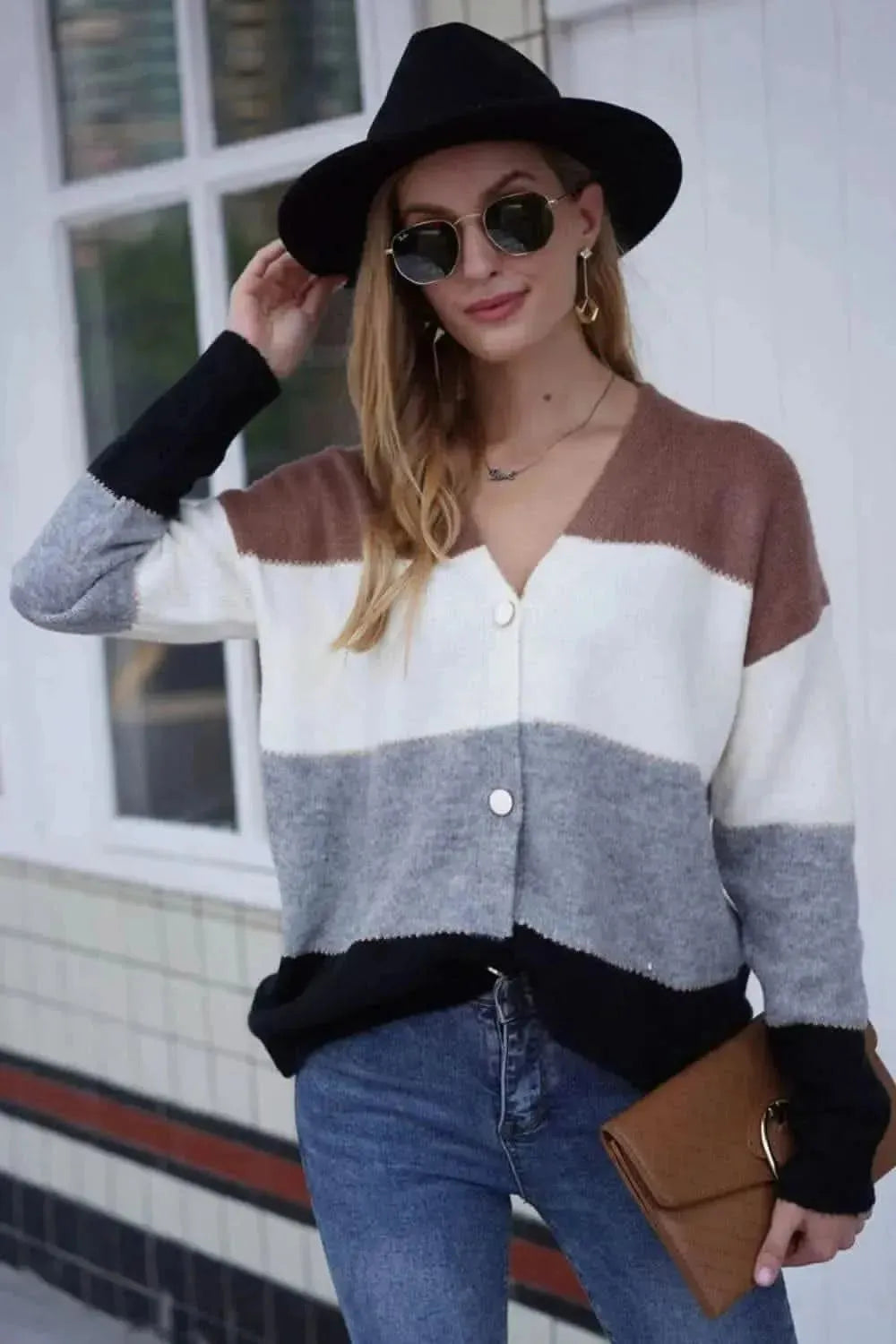 Woven Right Color Block V-Neck Button Down Cardigan - Bad Moms Club