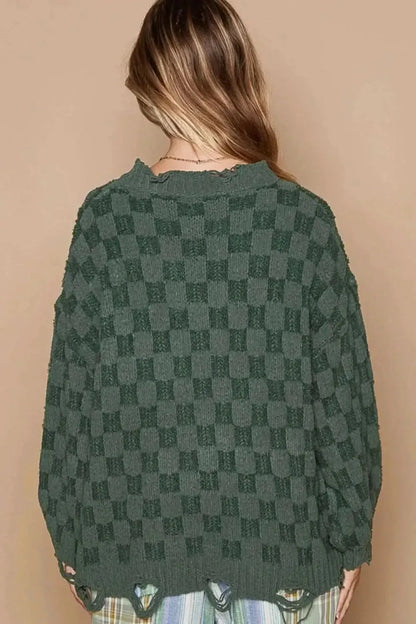 POL Checkered Distressed Edge Sweater - Bad Moms Club