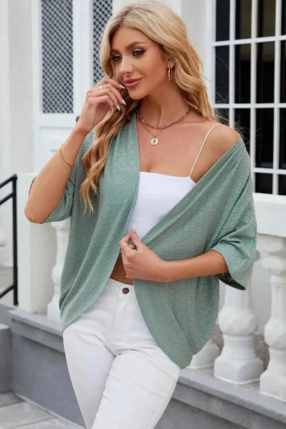 Eyelet Open Front Half Sleeve Cardigan - Bad Moms Club