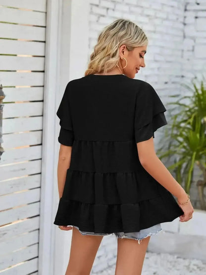 Tiered Notched Short Sleeve Blouse - Bad Moms Club