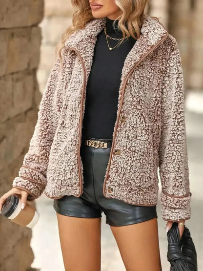 Fuzzy Pocketed Button Up Jacket - Bad Moms Club