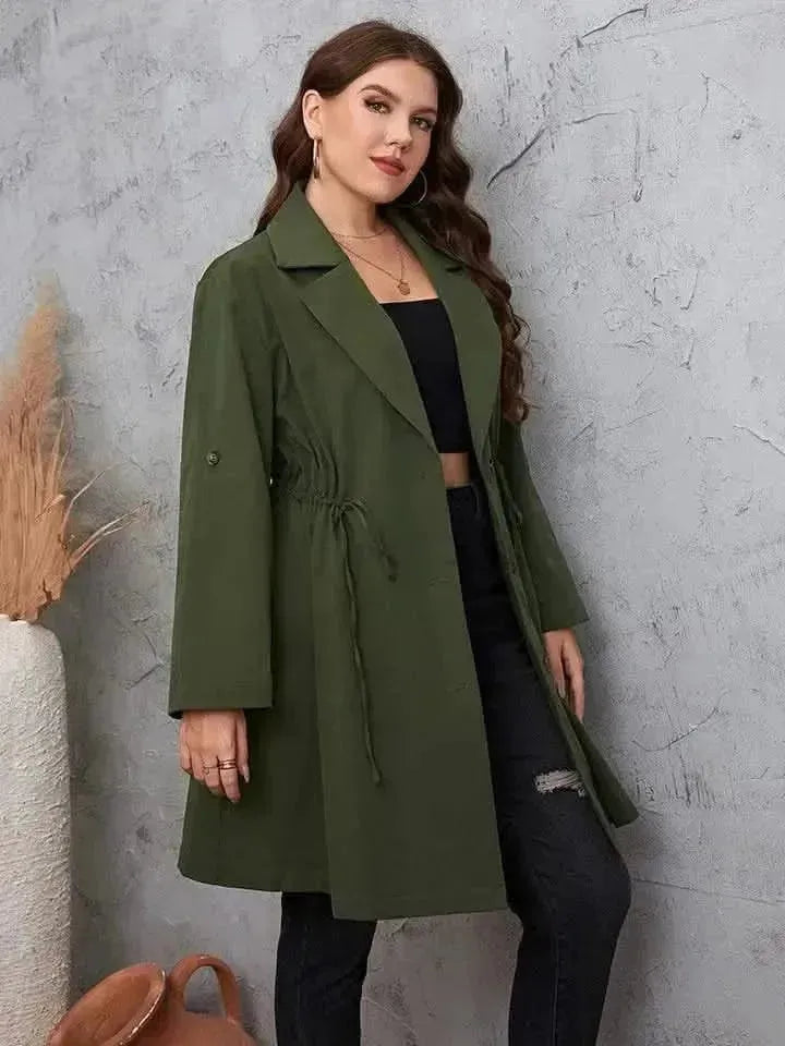 Plus Size Lapel Collar Roll-Tab Sleeve Trench Coat - Bad Moms Club