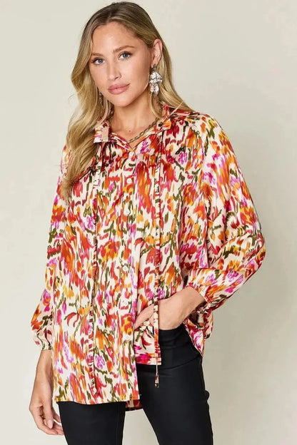 Double Take Full Size Printed Button Up Long Sleeve Shirt - Bad Moms Club