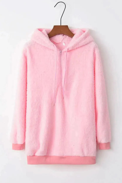 Full Size Quarter-Zip Drawstring Teddy Hoodie - Bad Moms Club