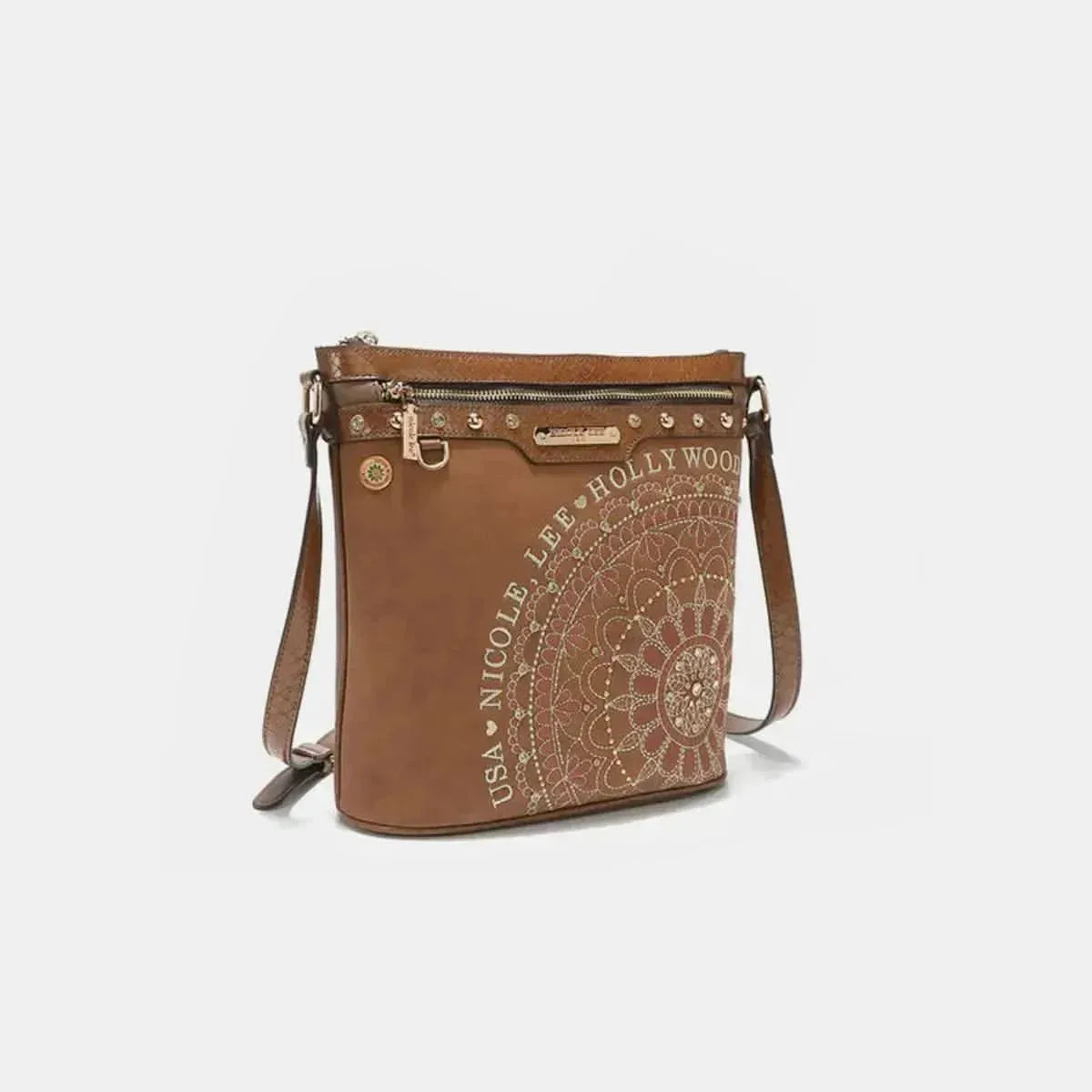 Nicole Lee USA Metallic Stitching Embroidery Inlaid Rhinestone Crossbody Bag - Bad Moms Club