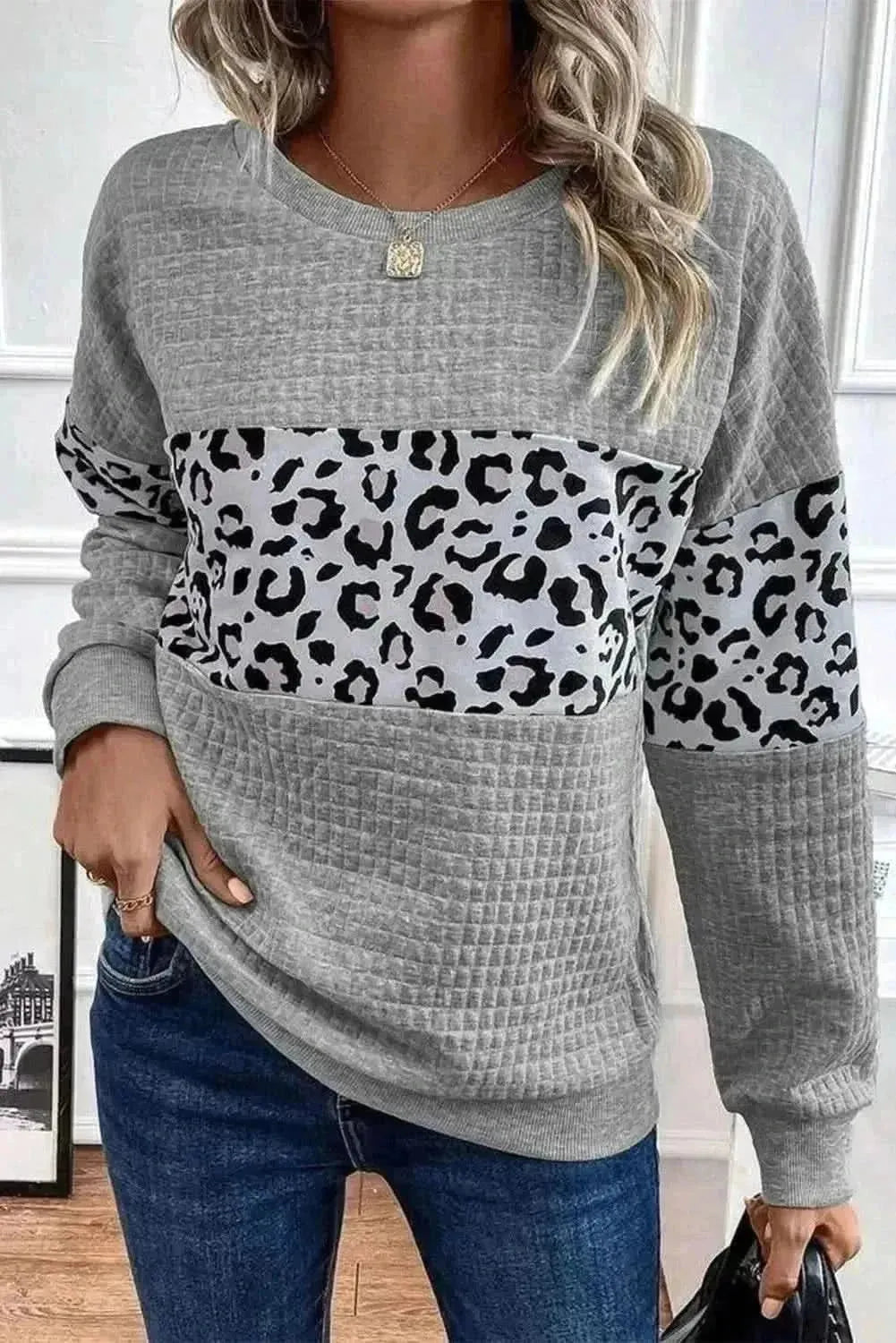 Leopard Round Neck Long Sleeve Sweatshirt - Bad Moms Club