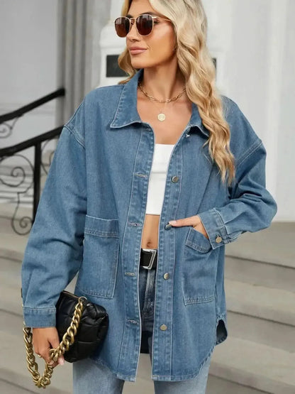 Removable Hood Button Up Long Sleeve Denim Jacket - Bad Moms Club