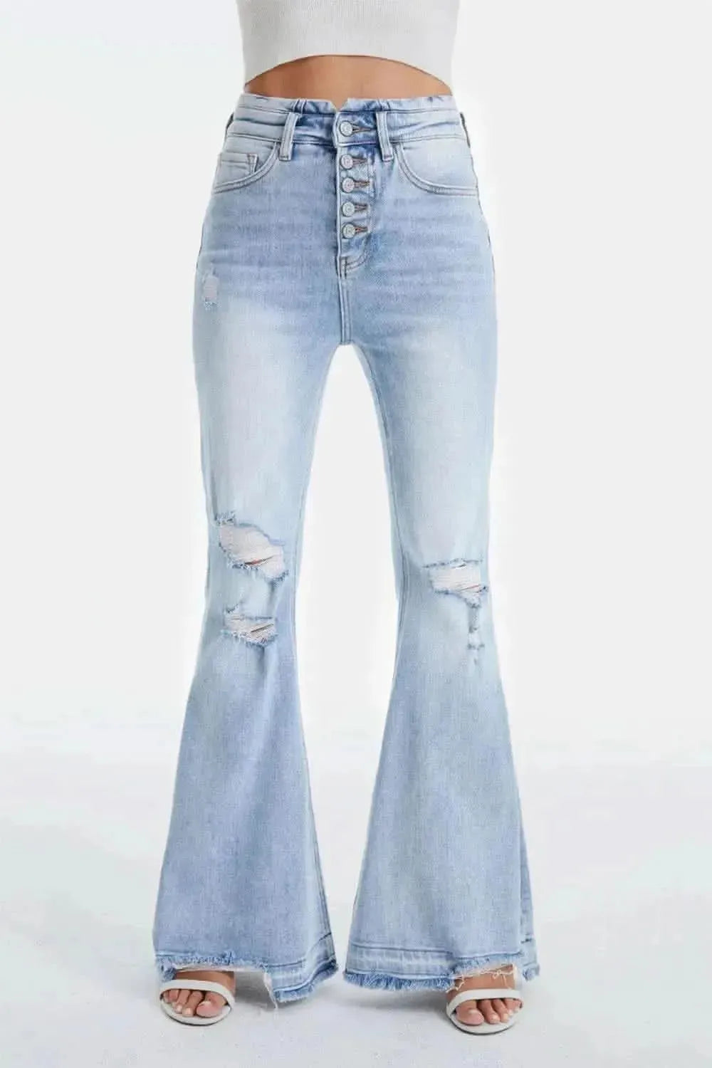 BAYEAS Full Size Distressed Raw Hem High Waist Flare Jeans - Bad Moms Club