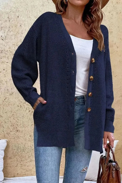 V-Neck Openwork Long Sleeve Cardigan - Bad Moms Club