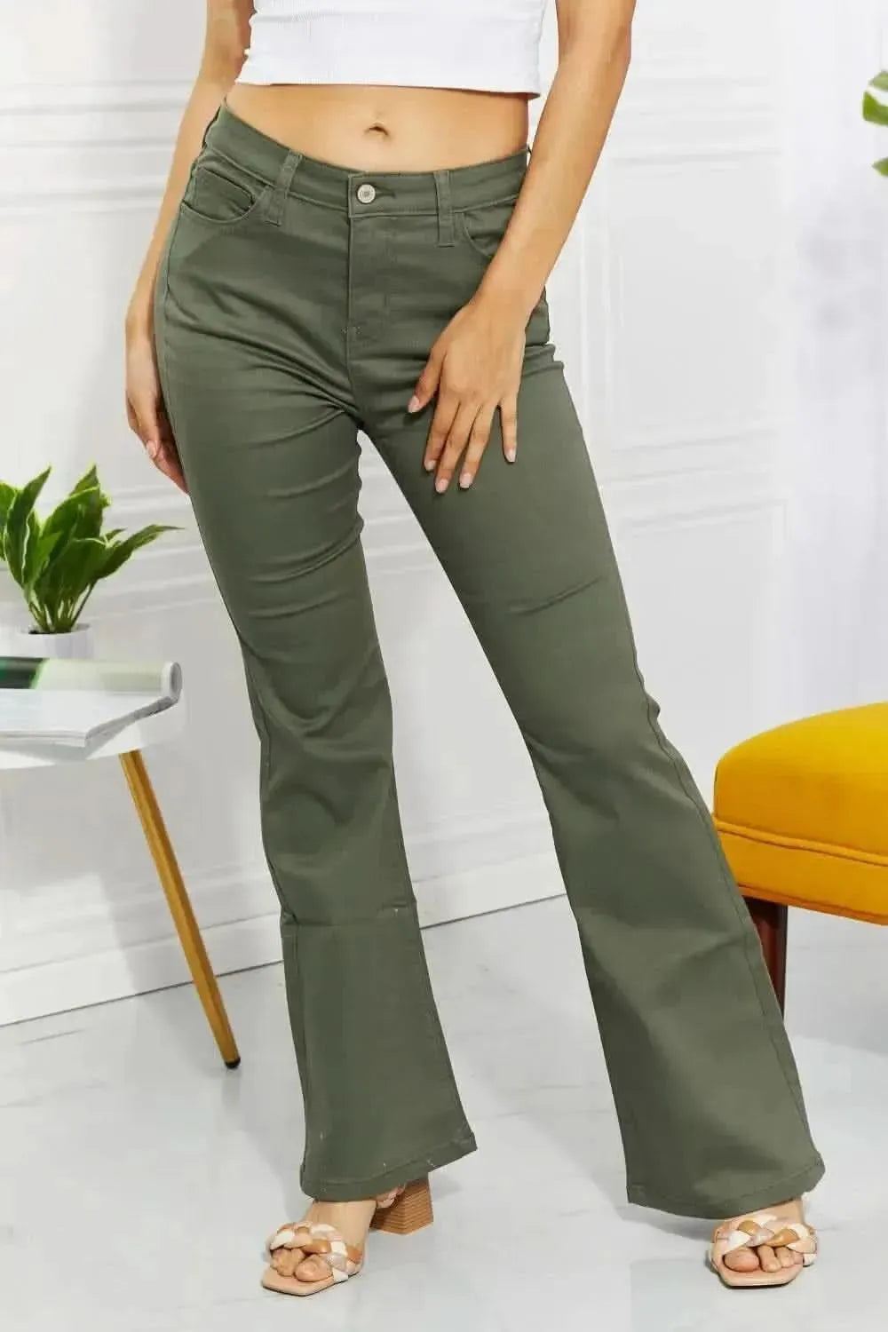 Zenana Clementine Full Size High-Rise Bootcut Jeans in Olive - Bad Moms Club