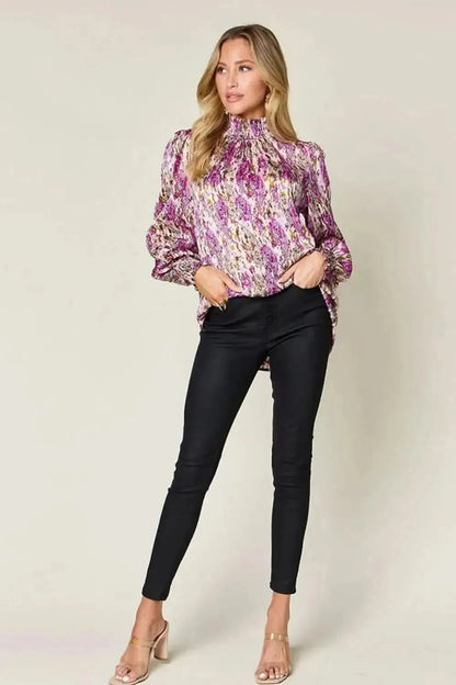 Double Take Full Size Printed Smocked Long Sleeve Blouse - Bad Moms Club