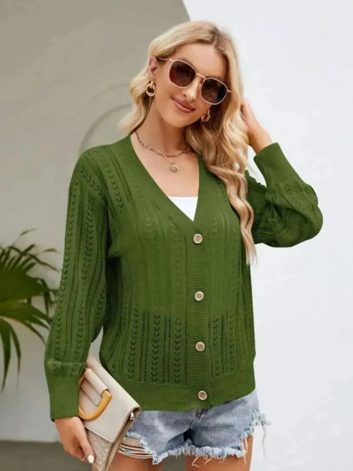 Button Down Ribbed Trim Cardigan - Bad Moms Club