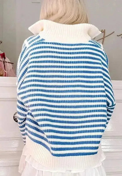 Striped Half Zip Mock Neck Long Sleeve Sweater - Bad Moms Club