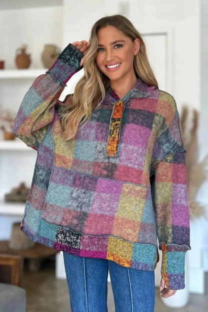 Double Take Full Size Plaid Dropped Shoulder Fleece Hoodie - Bad Moms Club